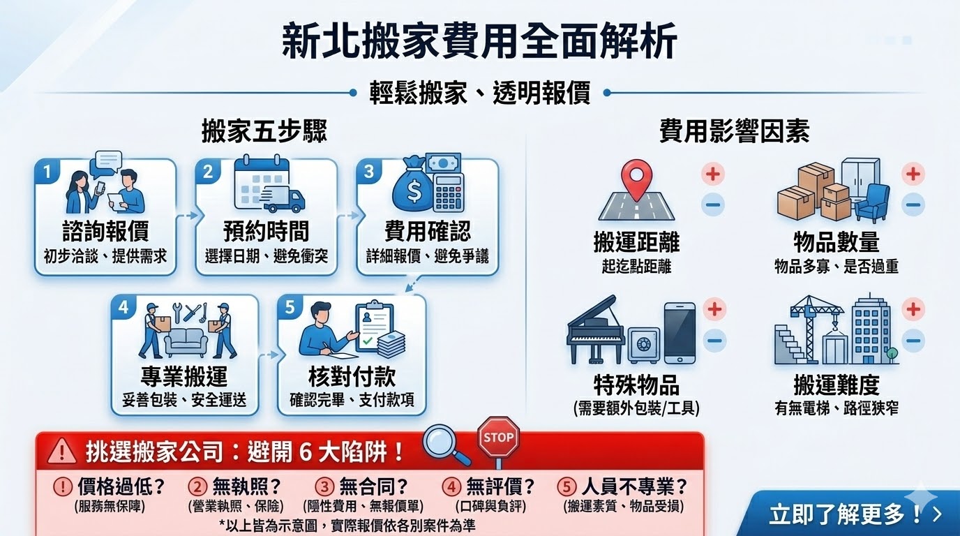 新北搬家費用受多種因素影響，包括搬家的距離、物品數量、服務範圍等。了解這些因素能幫助您精確預估搬遷費用，避免不必要的支出。選擇正確的搬家公司不僅能節省成本，還能確保搬家過程順利無憂。無論是短途搬遷還是長途搬家，了解費用結構對您選擇最適合的搬家服務至關重要。